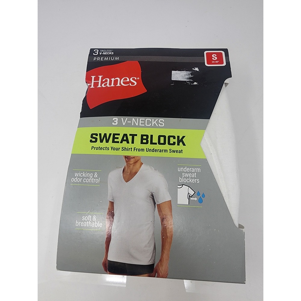 Hanes Mens Sweat Block V-Neck Undershirts White Cotton Blend 3-Pack Size Small